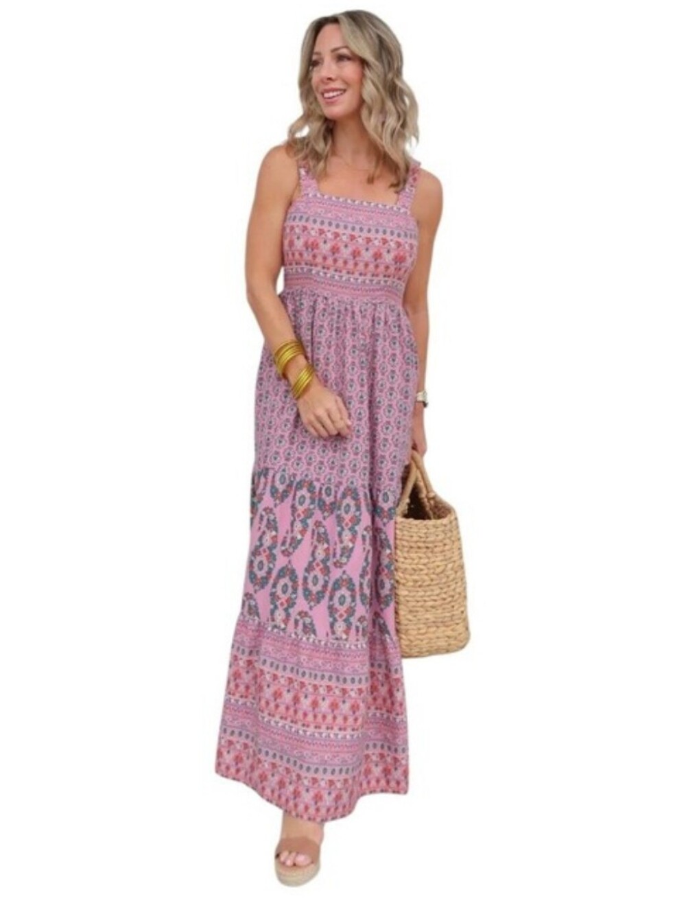 Knox Rose Pink Floral Printed Maxi Boho Cottagecore Dress with Smocked Bodice XL
